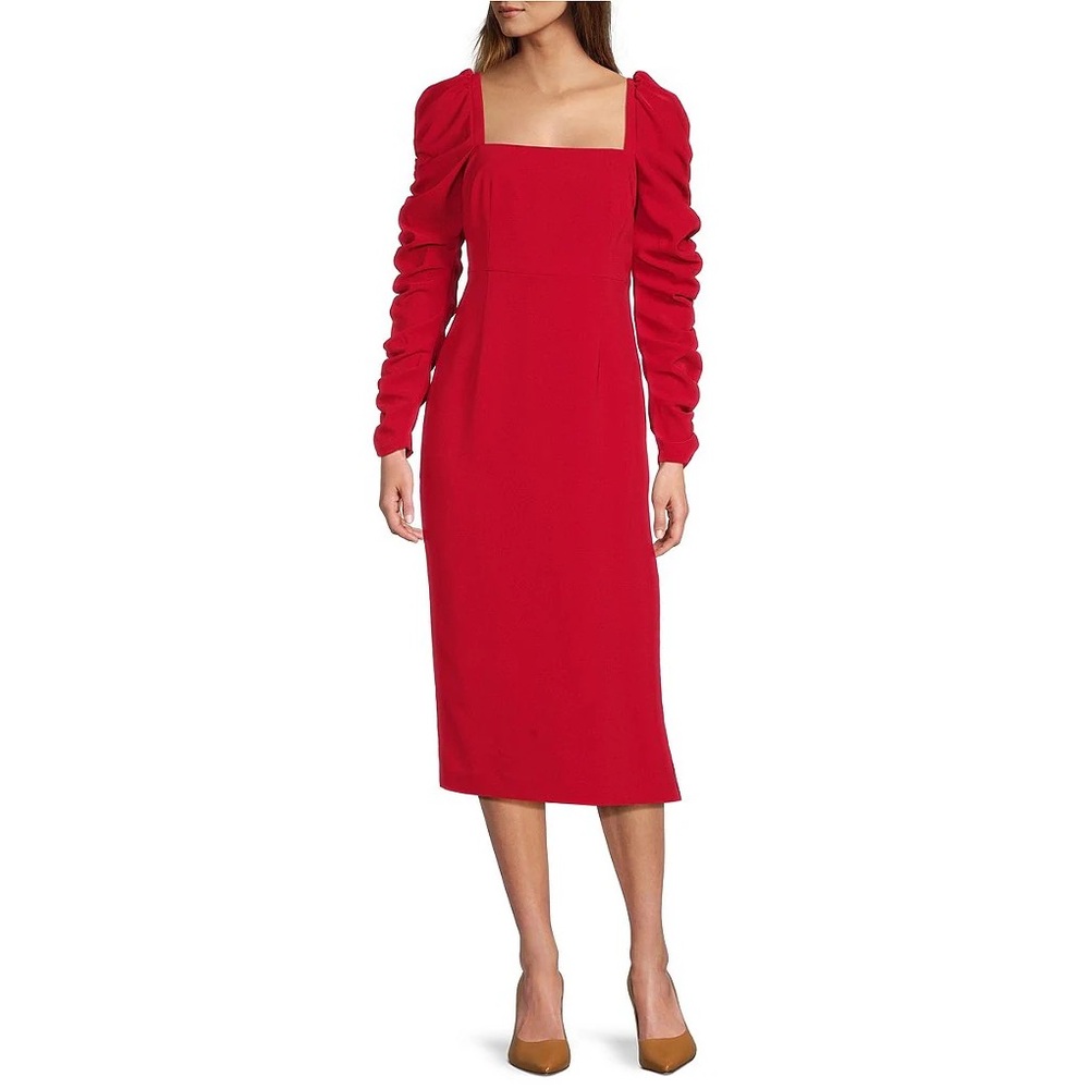 NWT Antonio Melani Elena Crepe Square Neck Long Ruched Sleeve Midi Dress Sz 2